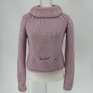 White + Warren Lavender Chunky Knit Turtleneck Sweater Angora Front Pocket Small